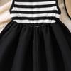 Ropa para niños vestido de niña 2025 verano nuevo para niños grandes estilo coreano con costuras falda chaleco sin mangas a rayas blancas y negras