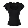 Camiseta Top de Mujer 2026 Primavera/Verano Nuevo Adelgazante Favorecedor Color Liso Cotidiano Capa Interior Encaje Cuello Redondo Manga Corta