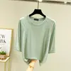 Nuevo Estilo de Principios de Otoño Top Holgado de Manga Tres Cuartos para Mujer, Camiseta Fina Raglán de Manga Media, Camiseta Básica Versátil de Cuello Redondo de Modal