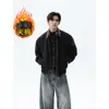 Jaqueta Patchwork Xadrez Retro Americana Falsa Duas Peças Gola Reversível Casaco de Algodão para Homens, Inverno Melard Solta Roupa de Exterior de Algodão Tendência