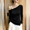 Camiseta casual e elegante de outono, novo design, estilo coreano, versátil, afina a silhueta, ombro a ombro, pode ser usada como blusa de manga comprida