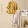 Conjunto de verano de algodón y lino para mamá, nuevo y elegante conjunto de dos piezas para mujer 2025: camisa bordada de lino y pantalones de pierna ancha