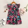 Comercio Exterior Ropa Infantil Vestido de Verano para Niñas Estilo Retro Francés Apto para la Piel Cuello Redondo Mangas Acampanadas Estampado Floral Vestido de Línea A