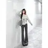 Pantalones acampanados de rayas grises para mujer, estilo fino de verano, corte holgado, estilo casual boyfriend, pantalones casuales de pierna ancha suaves y fluidos