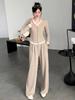Conjunto Casual Estilo Preguiçoso para Mulheres Primavera 2025 Cardigã Falso de Duas Peças Top para Gordinhas Calça Wide Leg de Cintura Alta Conjunto de Duas Peças