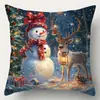 Funda de Almohada Estampada de Reno y Muñeco de Nieve Navideño Set Azul de Cuatro Piezas Funda de Cojín de Atmósfera para Sofá de Sala de Estar Navideña Respaldo