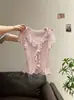 Conjunto de Verão Estilo Coreano de Alta Qualidade com Decote em V, Babados e Acabamento de Orelha de Madeira, Top de Tricô de Manga Curta para Mulheres, Camiseta Top que Realça o Ambiente e Emagrece, Pure Desire