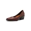 ¡La textura es excelente! Zapatos Pequeños Cuadrados de Estilo Francés con Acabado Pulido, Piel de Vaca Lavada Marrón, Tacón Grueso, Versátiles para el Trabajo, Zapatos de Mujer