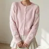 Cardigã de malha jacquard floral rosa com gola redonda e ombros caídos, novo para outono e inverno feminino, macio, elástico, suave, versátil, casaco suéter solto