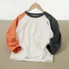 Camisetas Interiores de Algodón Puro para Niños, Camisetas de Manga Larga Bloque de Color para Niños y Niñas, Tops de Cuello Redondo para Niños de Edad Media, Ropa para Niños de Primavera y Otoño