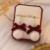 Pendientes de Perlas con Lazo Rojo Terciopelo Ancola Aguja Plateada Pendientes de Cadena Rosa Retro Francés