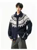 Casaco Suéter com Gola de Botão de Chifre Fair Isle para Homens e Mulheres Design de Outono Bloco de Cores Cardigan Jaqueta de Tricô Espessada