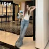 Calça Jeans Flare Cintura Baixa Estilo Retrô Americano para Mulheres, Novo Estilo de Verão, Jeans Versátil Azul Claro Lavado com Bigodes, Não Apertado nas Pernas, Bootcut