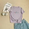 Camiseta lilás de gola redonda com estampa e manga curta para mulheres, top casual soltinho de algodão fino de floco de neve para o verão, camiseta simples para mulheres