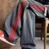 Jeans de Mezclilla Desgastada Estilo Americano con Tres Rayas, Forro Delgado de Felpa, para Otoño e Invierno, Unisex, Holgados, Versátiles, Pierna Ancha, de Largo hasta el Suelo
