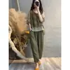 Traje de Algodón y Lino para Mujer, Nuevo Estilo Verano 2026, Top Estampado Patchwork Falso Dos Piezas, Pantalones Harem, Conjunto de Dos Piezas Adelgazante