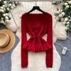 Suéter de punto estilo retro para mujer, con cuello en V y cinturón de corbata, manga larga, con volantes, adecuado para ir al trabajo, colección de otoño 2026, estilo suave