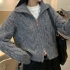 Casaco de suéter com zíper duplo espesso e torção, casaco feminino curto de inverno, novo cardigan de malha com gola alta, novo, transfronteiriço