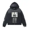 Nuevo modelo ERD: Estilo rico y desgastado, cuello abierto con cremallera, estampado de pines y letras, chaqueta sudadera con capucha unisex