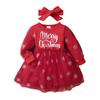 Fábrica de Origem Roupas Infantis Meninas Estilo Ano Novo e Natal Saia de Renda Vermelha Estampada de Manga Longa + Lenço de Cabeça