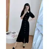 Vestido Longo Elegante Estilo Hepburn com Gola Peter Pan de Renda, Mangas Bufantes, Ajustado ao Corpo, Tricô de Seda Gelada da Marca S Coreana