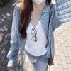Jaqueta Camisa Xadrez Azul Retrô Americana para Mulheres Verão 2025 Nova Solta Versátil Camisa Top Chique