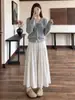 Outono 2026 Novo Estilo Coreano Saia de Bolo Branca Delicada Cintura Alta Emagrecedora Saia Midi de Cintura Alta Linha A
