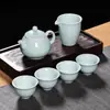 Juego de té Gongfu de celadón Longquan para oficina, una tetera y cuatro tazas, tetera, tazas de té, jarra de justicia de cerámica, juego completo, estilo chino