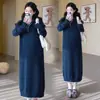 Ropa de Maternidad Otoño Invierno Sencilla Nueva Moda Engrosada Casual Talla Grande Vestido Suéter con Solapa Falda de Maternidad Adelgazante de Moda