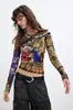Camiseta de malha retrô barroca com estampa de animal e floral, bestseller transfronteiriço europeu e americano para mulheres, elástica, cropped, que mostra a cintura, manga longa