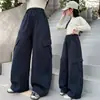 Calça cargo estilo coreano para meninas 2026 nova outono cintura elástica casual bolso grande perna reta larga