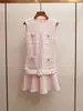 Nova Moda Francesa de Primavera Estilo Jovem Inspirado em Chanel Cintura Baixa com Cinto Colete de Lantejoulas Franzido Vestido de Tweed