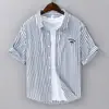 Camisa de manga corta a rayas bordadas de verano para hombre, estilo japonés, informal, fina, fresca y sencilla, moderna, C04
