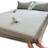 Juego de Sábana Bajera de Algodón Lavado, Protector de Colchón a Rayas y Cuadros Estilo Japonés de Tres Piezas, Cubre Cama Liso de Cobertura Total de Color Sólido