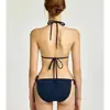 Nuevo Traje de Baño de Dos Piezas para Mujer Rayas Halter con Cordones Falda Ajustada Bikini de Tres Piezas Sexy Traje de Baño para Vacaciones