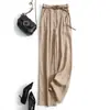 Pantalones Estrechos de Pierna Ancha de Tencel y Ramio para Mujer Moda de Verano Ropa de Trabajo Pantalones Drapeados de Cintura Alta Pantalones Rectos de Algodón y Lino