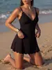Maiô Peça Única com Borda Ondulada Preta para Mulheres, Costas Nuas, Cadarço, Estilo Vestido Halter, Estilo Europeu e Americano Sexy, Roupa de Banho para Férias na Praia