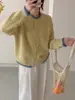 Suéter cardigan de gola redonda retrô coreano em cores contrastantes para mulheres, novo estilo outono e inverno 2026, macio e jovial, adequado para usar em camadas, top de tricô