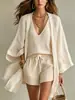 Conjunto de Três Peças de Algodão e Linho Verão 2026 Transfronteiriço Europeu e Americano para Mulheres, Conjunto de Kimono Sem Mangas e Shorts Estilo Resort Europeu e Americano