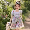 Vestido de Verão Fino para Meninas com Estampa Fofa de Panda por Toda Parte, Mangas Bufantes Doces, Vestido de Princesa