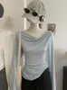 KEKEZOON Lyocell Tencel Ombro Assimétrico Franzido Manga Longa Ultra Macio Cor Sólida Camisa Base T-Shirt Top para Mulheres 8664