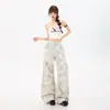 Calças Cargo Plissadas Soltas Estampadas Personalizadas Jeans Retrô de Algodão para Mulheres Primavera Nova de Perna Larga Roupa Casual de Trabalho