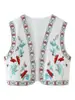 Colete floral bordado de estilo étnico transfronteiriço para comércio exterior para mulheres, bordado de renda retrô, design sem gola aberto na frente, colete curto em camadas