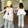 Traje de Verano para Niñas 2025 Moda Niñas Estilo Coreano Elegante Camisa Chaleco sin Mangas Jeans Mariposa