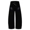 Elegantes pantalones de pierna ancha azules con cintura cruzada, pantalones rectos de longitud completa con doble bolsillo bordado de estilo retro americano para hombres y mujeres