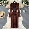 Estilo Socialité Francés Moda Lazo Hebilla Metálica Cintura Vestido Tejido Suéter de Otoño para Mujer
