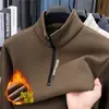 Dropshipping de suéteres de inverno masculinos com forro de fleece, gola alta, zíper parcial, moletons espessados e blusas quentes para homens