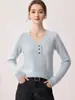 Suéter 100% Cachemir Puro para Mujer de Tres Botones con Cuello en V Simple para el Trabajo de Manga Larga Jersey de Punto Suave con Cuello Medio Abierto