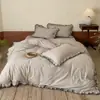 Funda Nórdica Sencilla de Color Sólido Estilo Retro, Algodón y Lino Clase A, Suave y Amigable con la Piel, con Encaje Francés, Estilo Juvenil, Juego de Cuatro Piezas para Cama Matrimonial