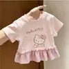 Camiseta a cuadros rosa con volantes 3D de Hello Kitty para niñas pequeñas, Talla 26, Nuevo estilo de verano, Dulce y linda
